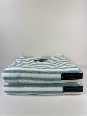 Rachel Zoe Bath Towels Classic Blue and White Striped Soft Cotton Set of 2 NEW